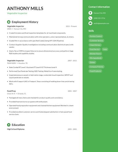 Vegetable Inspector Resume