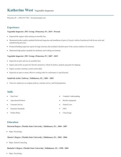 Vegetable Inspector Resume