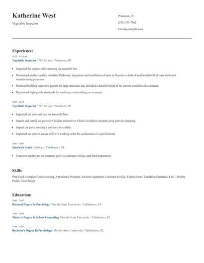 Vegetable Inspector Resume