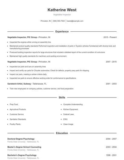 Vegetable Inspector Resume