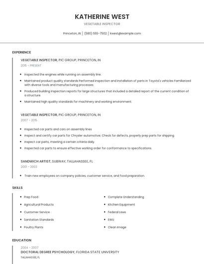 Vegetable Inspector Resume