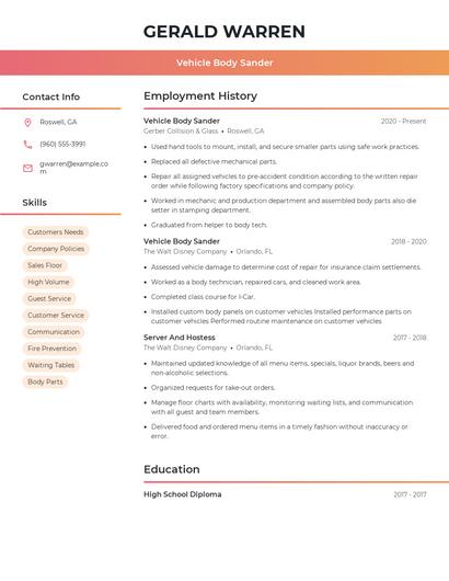 Vehicle Body Sander Resume