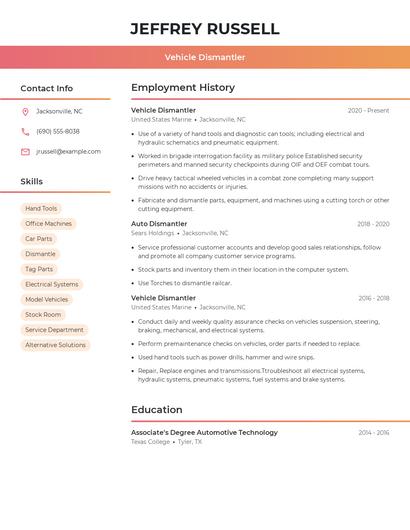 Vehicle Dismantler Resume