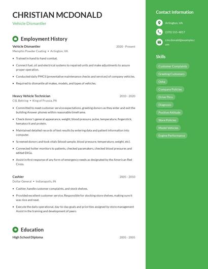 Vehicle Dismantler Resume