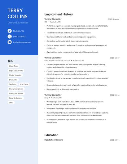 Vehicle Dismantler Resume