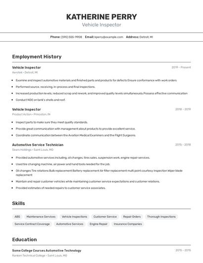 Vehicle Inspector Resume