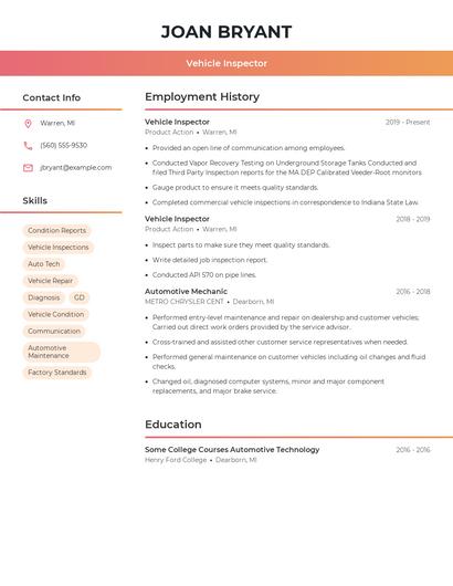 Vehicle Inspector Resume