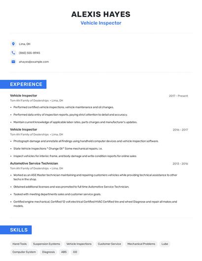 Vehicle Inspector Resume