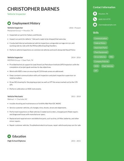 Vehicle Inspector Resume