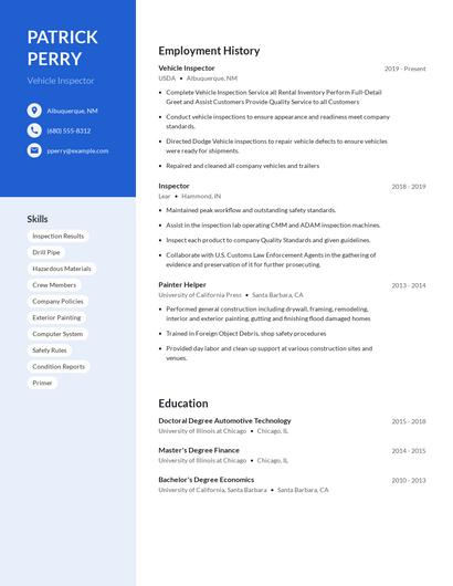 Vehicle Inspector Resume