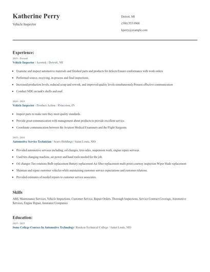 Vehicle Inspector Resume