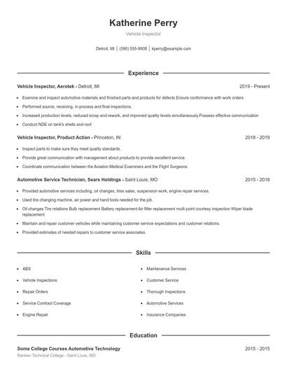 Vehicle Inspector Resume