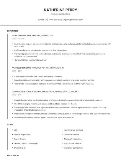 Vehicle Inspector Resume
