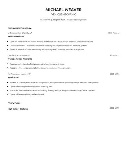 Vehicle Mechanic Resume