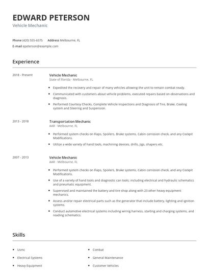 Vehicle Mechanic Resume