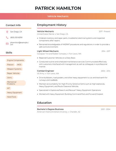 Vehicle Mechanic Resume