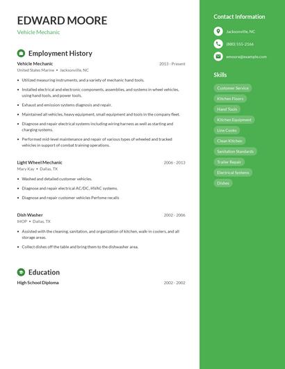 Vehicle Mechanic Resume