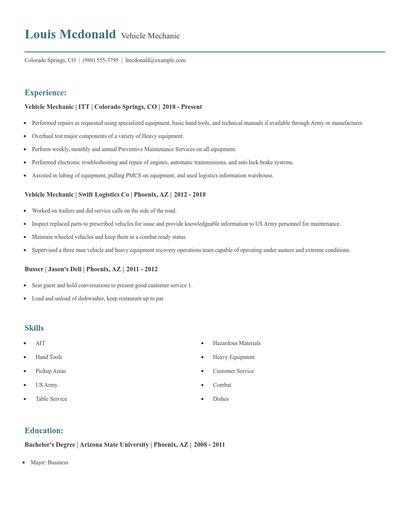 Vehicle Mechanic Resume
