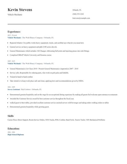 Vehicle Mechanic Resume