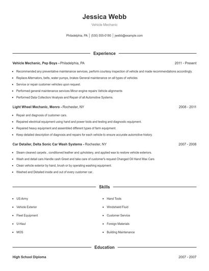 Vehicle Mechanic Resume