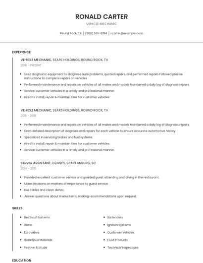 Vehicle Mechanic Resume