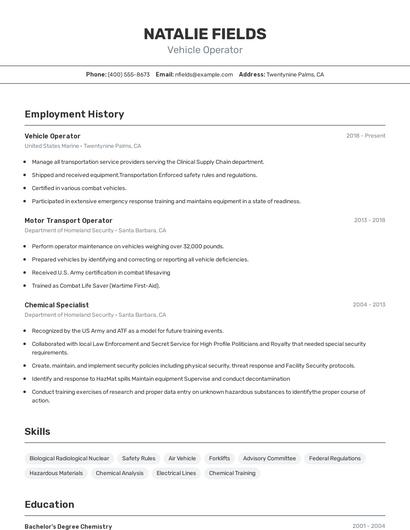 Vehicle Operator Resume