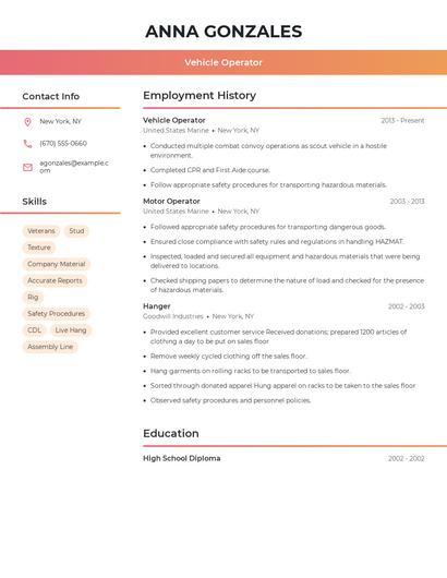 Vehicle Operator Resume