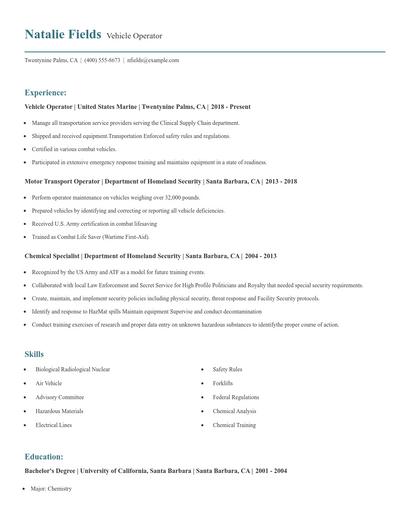 Vehicle Operator Resume