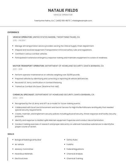 Vehicle Operator Resume