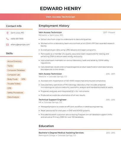 Vein Access Technician Resume