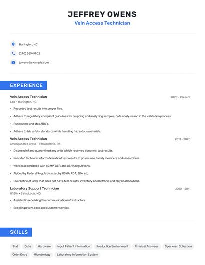 Vein Access Technician Resume