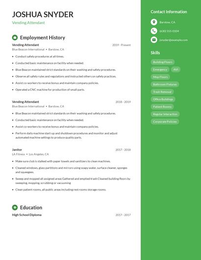 Vending Attendant Resume