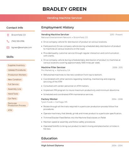 Vending Machine Servicer Resume