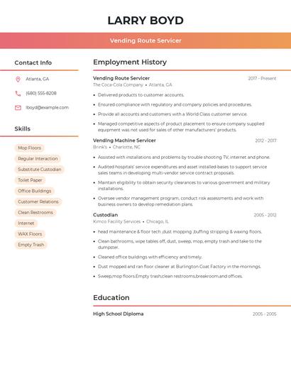 Vending Route Servicer Resume