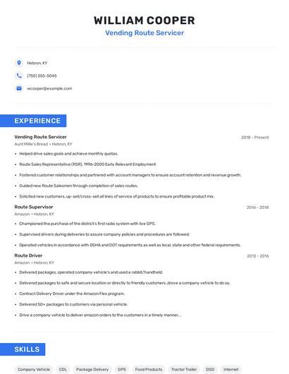 Vending Route Servicer Resume