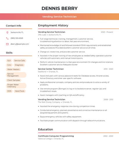 Vending Service Technician Resume