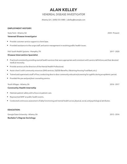 Venereal Disease Investigator Resume