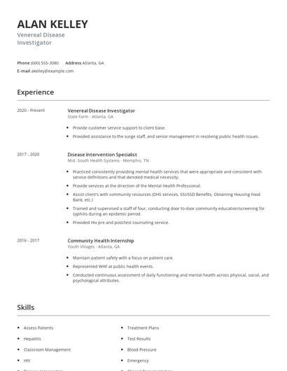 Venereal Disease Investigator Resume