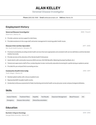 Venereal Disease Investigator Resume