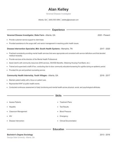 Venereal Disease Investigator Resume