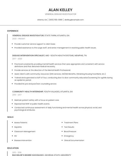 Venereal Disease Investigator Resume