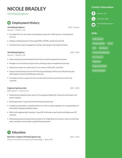 Ventilating Engineer Resume