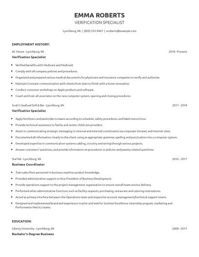 Verification Specialist Resume