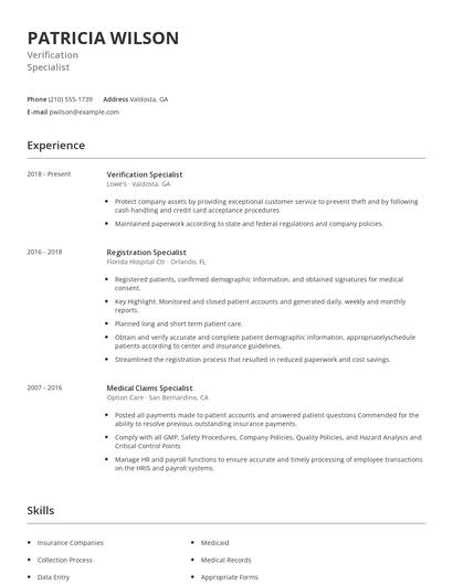 Verification Specialist Resume