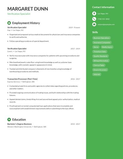 Verification Specialist Resume