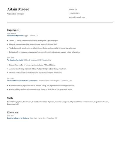 Verification Specialist Resume