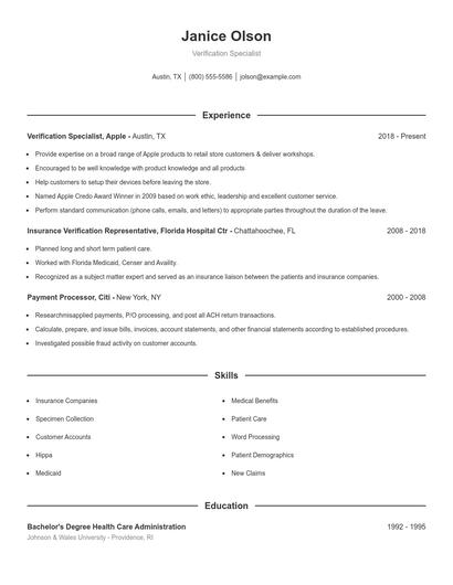 Verification Specialist Resume
