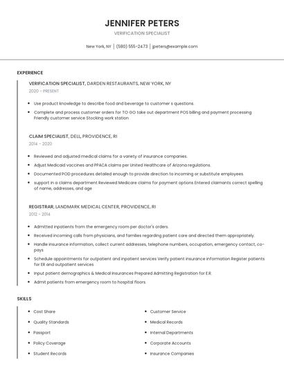Verification Specialist Resume
