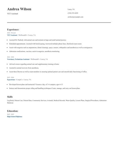 VET Assistant Resume