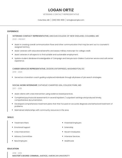 Veterans Contact Representative Resume